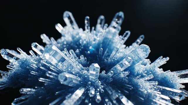 Extremely detailed macro shot of sharp crystalline formations slowly growing and expanding across a solid black null field slowly, translucent, ice