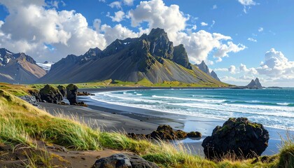 A coastal scene featuring a dark sandy beach, foamy waves, green grassy foreground, and majestic, jagged mountains under a cloudy blue sky