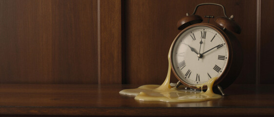 Vintage bronze alarm clock with melting golden liquid dripping onto a wooden surface. Surreal concept of time.