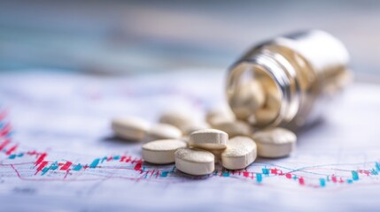 Pills scattered on a graph of financial data in a healthcare context