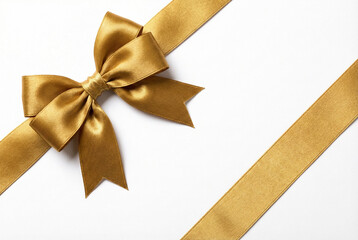 Elegant golden ribbon with a beautiful bow on a crisp white background, perfect for luxury gift wrapping and festive decorations.