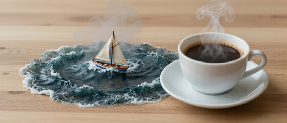 A miniature sailboat navigates a stormy ocean whirlpool next to a steaming cup of coffee on a wooden table. Concept of imagination and creative thoughts during a morning coffee break.