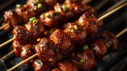 Grilled meat skewers with green onions