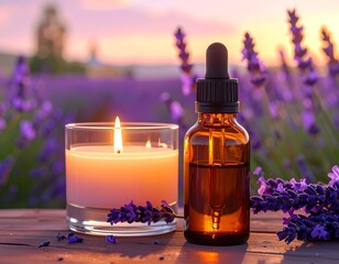 Lit candle, essential oil, and lavender in a field at sunset