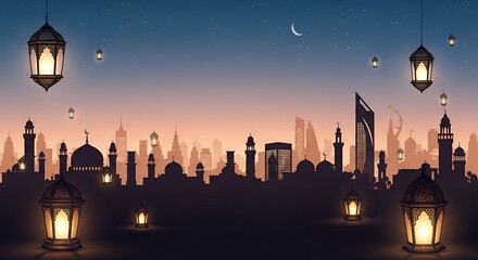 Elegant and traditional Islamic cultural background with decorative lanterns and mosque silhouettes, ideal for festive celebrations and spiritual events