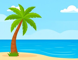 Tropical beach scene with a single palm tree, calm turquoise sea, and fluffy white clouds in a blue sky