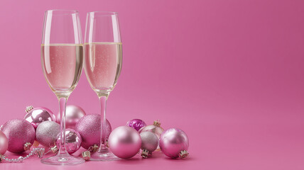Champagne glasses and baubles on pink background