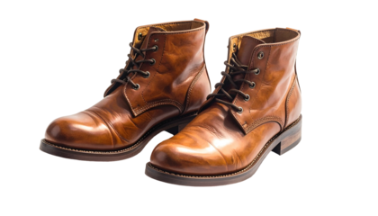 Pair of brown leather ankle boots, lace-up, isolated on a solid black background