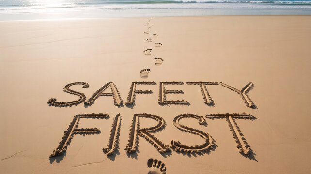 Footprints trace a path in the warm beach sand leading to the clear message safety first written in the foreground near the ocean waves