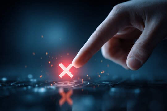 Human finger pressing a glowing error cross icon on a digital interface, representing failure, rejection, or system error.