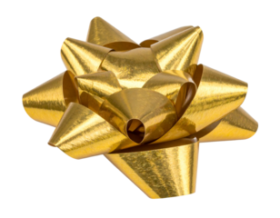 Close-up of a vibrant, glossy golden bow with eight pointed petals