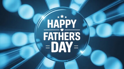 Celebratory blue graphic design wishing happy father's day featuring a glowing central sphere against a dynamic light burst background