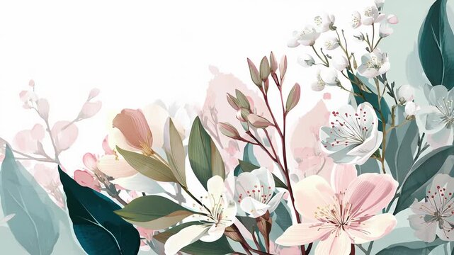 A lovely floral arrangement with pink and green leaves. Pastel botanical illustration with gentle brush details, clean uncluttered composition, pastel hand drawn flower style