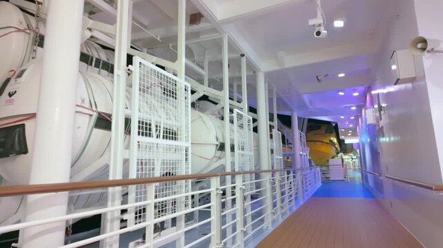 View of white, capsule-shaped inflatable life rafts securely stored in launching cradles on the open promenade deck of a large cruise ship at night.