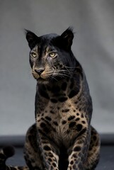 A stunning close-up portrait of a black panther with striking golden eyes, showcasing its unique spotted coat against a muted background, highlighting its majestic and mysterious allure