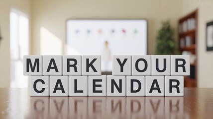 Reminder blocks spelling out mark your calendar sitting on a reflective wooden table in a softly lit modern office setting signaling an important date announcement