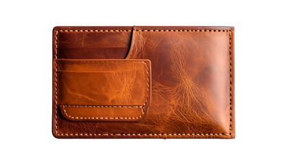 Detailed image of a weathered brown leather wallet with a cardholder on the left