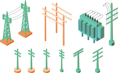 Isometric electrical power infrastructure illustration set, transmission towers utility poles transformers, electricity distribution network, energy grid components, vector design