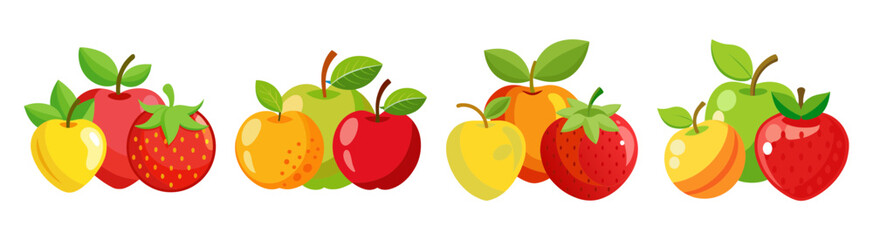Assortment of fresh red yellow and green fruits with leaves