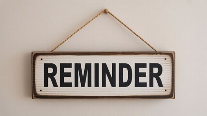 Rustic wooden hanging sign displaying the word reminder in bold black lettering against a distressed white background with a twine hanger