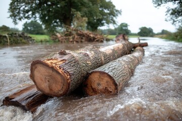 Timber logs floating and drifting in mud