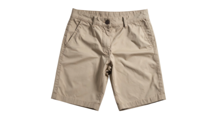 Tan cotton shorts with button, pockets, and belt loops isolated on a black background