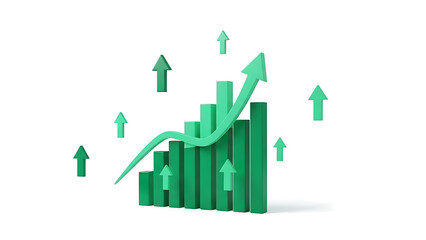 Green bar chart with rising trend line and upward arrows illustrating business growth and success isolated on transparent background