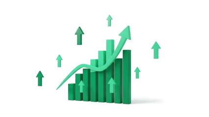 Green bar chart with rising trend line and upward arrows illustrating business growth and success isolated on transparent background