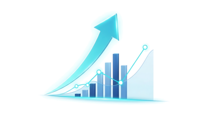 Growing business progress concept with blue bar chart and upward arrow isolated on transparent background