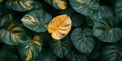 Top view of lush tropical monstera leaves background, deep emerald green foliage with golden variegated leaves, luxury botanical pattern. Perfect for luxury branding, nature-themed designs, wallpapers