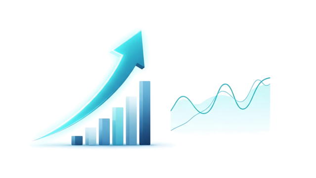 A digital visualization of an upward trend bar chart and line graph for business analysis isolated on transparent background - Powered by Adobe