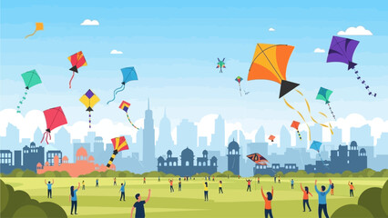 This flat design illustration captures the vibrant energy of the International Kite Festival 2026 in India, showcasing numerous colorful kites against a stylized city skyline.