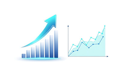Upward trending bar chart and line graph illustrating business progress and profits isolated on transparent background
