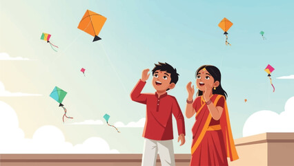 This flat design illustration depicts two joyful Indian children gazing up at numerous colorful kites during the International Kite Festival 2026. It beautifully conveys a sense of wonder and happines