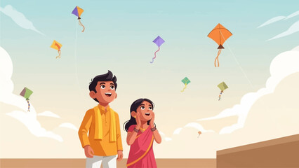 This flat design illustration depicts two joyful Indian children gazing up at numerous colorful kites during the International Kite Festival 2026. It beautifully conveys a sense of wonder and happines