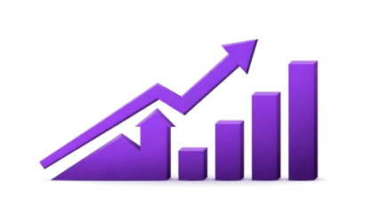 Purple infographic showing positive business progress and financial growth with a bar graph and rising arrow isolated on transparent background