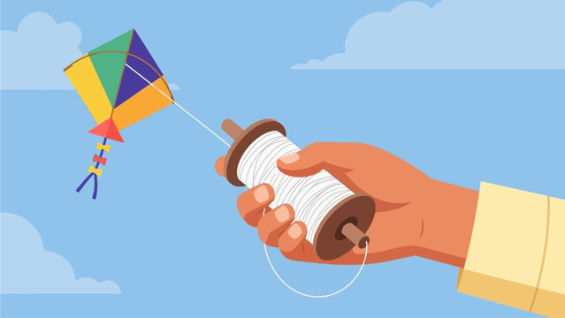 A minimalist flat design illustration features a close-up of a hand holding a traditional Indian kite string spool, with a vibrant kite flying in the distance. 