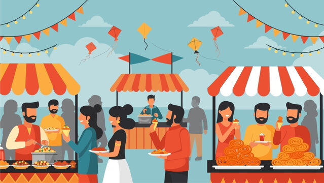 A vibrant flat design illustration captures the lively atmosphere of the International Kite Festival 2026 in India, featuring stylized food stalls and happy people enjoying traditional snacks. 