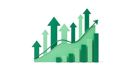 Positive financial growth chart with upward-pointing arrows illustrating success and progress isolated on transparent background