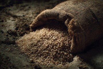 Spilled Rice Grains Overflowing from a Burlap Sack, a Stock Image