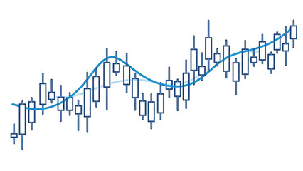 Candlestick chart showing upward market trend with moving average lines on a black background isolated on transparent background