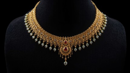 Intricate gold necklace with precious stones