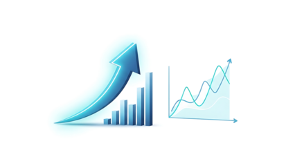Conceptual illustration of business data analysis and upward performance trend isolated on transparent background