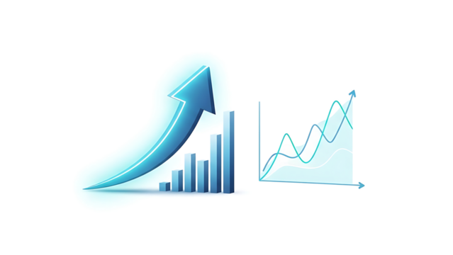 Conceptual illustration of business data analysis and upward performance trend isolated on transparent background - Powered by Adobe