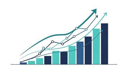 Upward trending graph and bar chart illustrating successful business statistics and financial progress isolated on transparent background