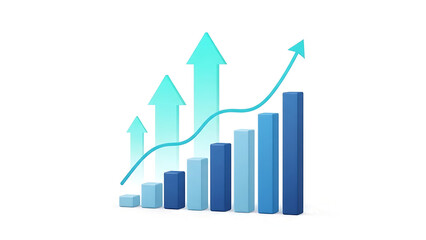 A 3d bar chart visualization showing continuous upward business growth and financial success isolated on transparent background