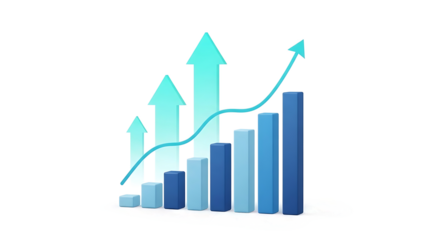 A 3d bar chart visualization showing continuous upward business growth and financial success isolated on transparent background