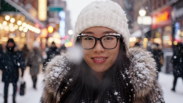Closeup portrait of a young asian woman wearing glasses and a white knit beanie, smiling outdoors in a snowy city street with blurred lights and people in the background during winter
