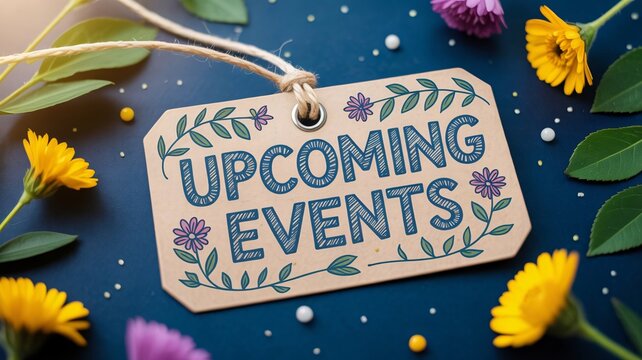 Rustic kraft paper tag featuring whimsical floral border announces upcoming events for seasonal celebrations or community gatherings with twine