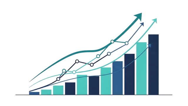 Upward trending graph and bar chart illustrating successful business statistics and financial progress isolated on transparent background - Powered by Adobe